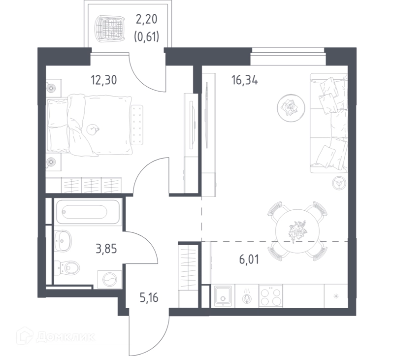 1-комнатная квартира 44.27 м² Богдановский лес
