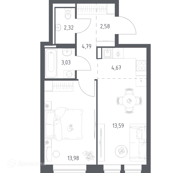 1-комнатная квартира 44.96 м² Богдановский лес