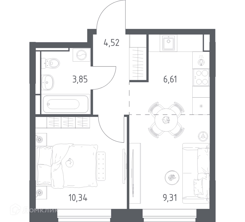 1-комнатная квартира 34.63 м² Богдановский лес