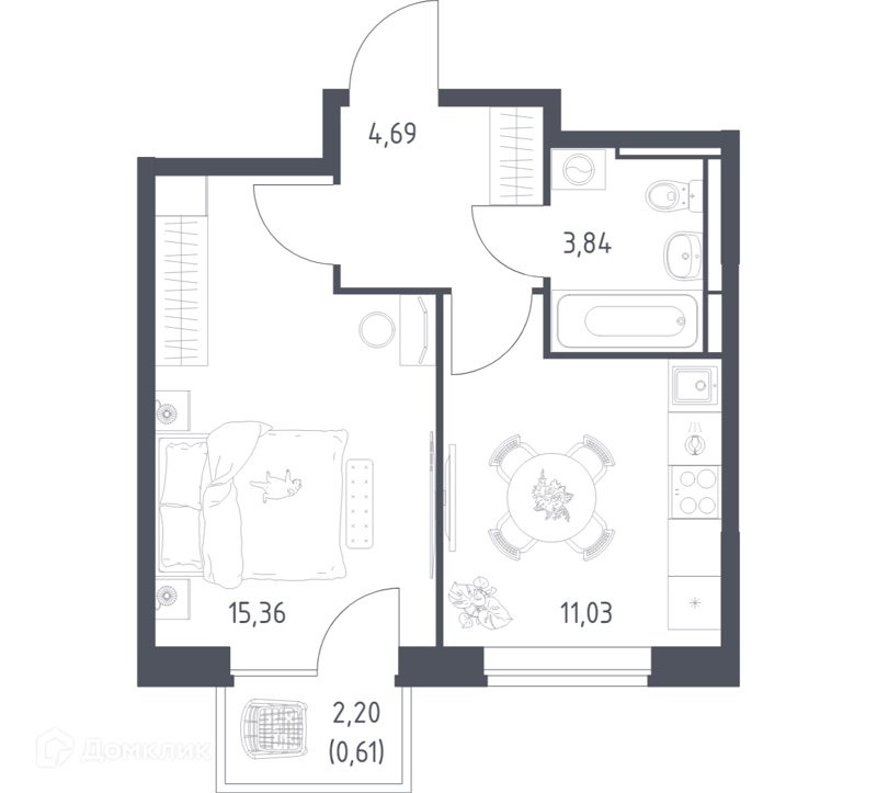 1-комнатная квартира 35.53 м² Богдановский лес