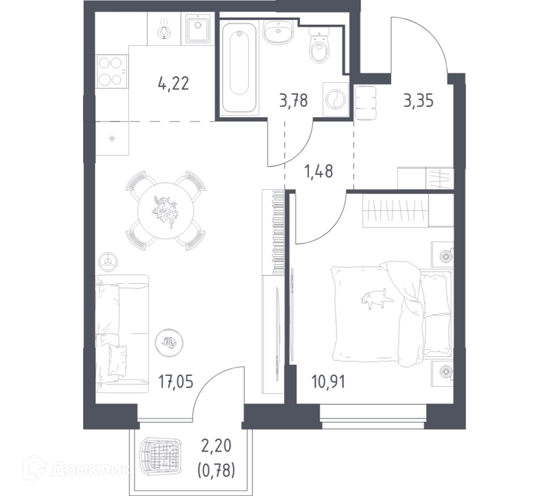1-комнатная квартира 41.57 м² Богдановский лес