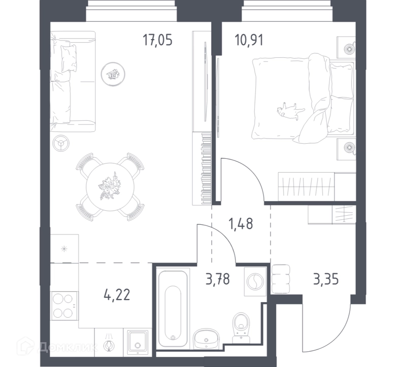 1-комнатная квартира 40.79 м² Богдановский лес