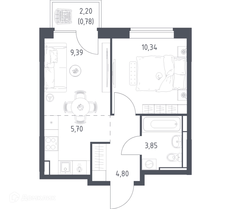 1-комнатная квартира 34.86 м² Богдановский лес