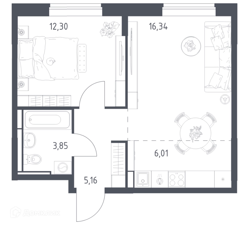 1-комнатная квартира 43.66 м² Богдановский лес