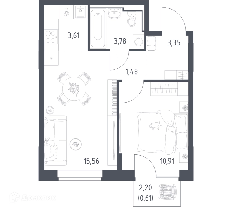 1-комнатная квартира 39.3 м² Богдановский лес