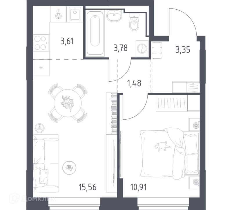1-комнатная квартира 38.69 м² Богдановский лес