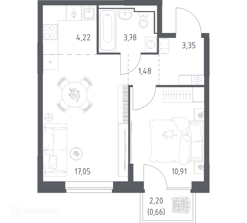 1-комнатная квартира 41.45 м² Богдановский лес
