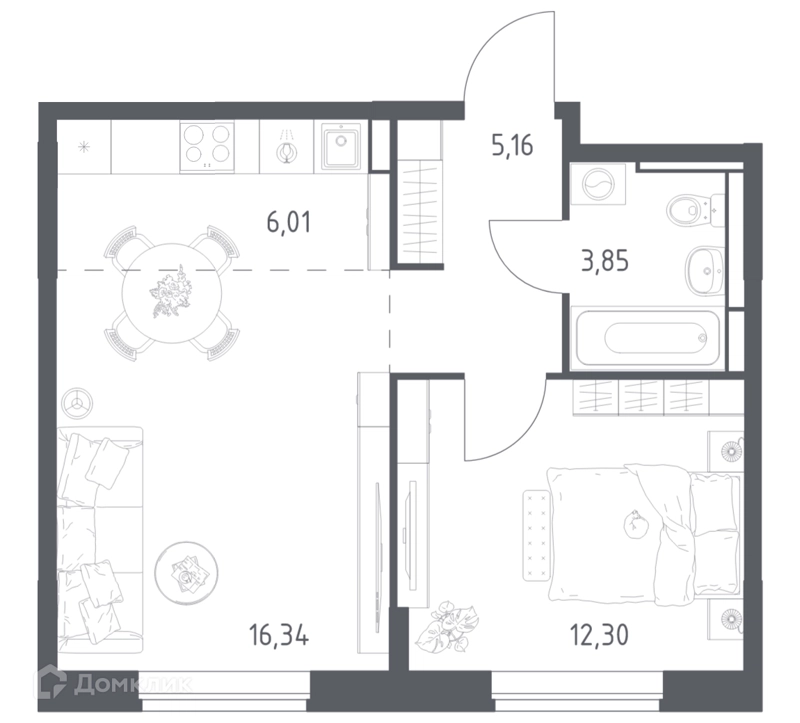 1-комнатная квартира 43.66 м² Богдановский лес