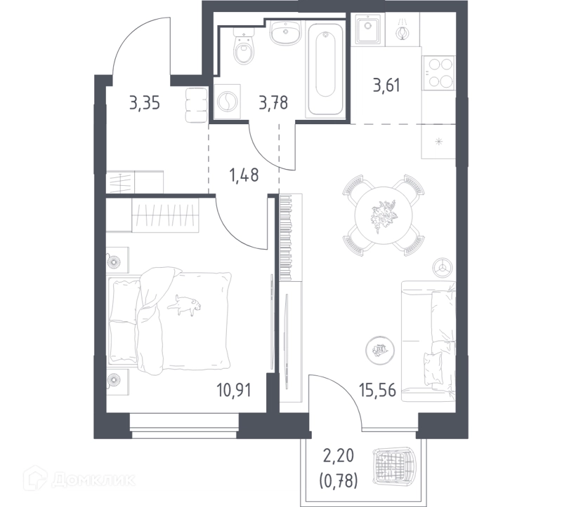 1-комнатная квартира 39.47 м² Богдановский лес
