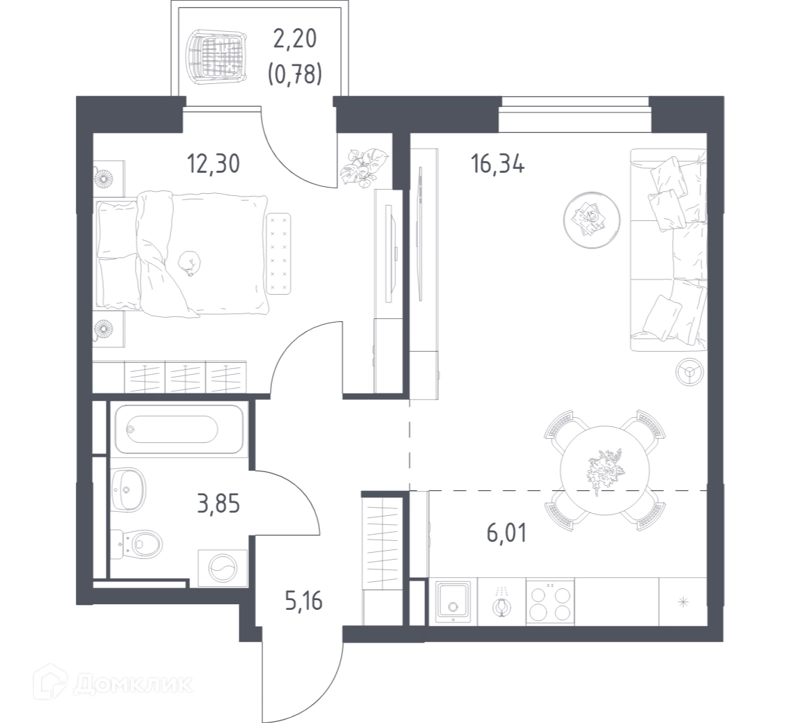 1-комнатная квартира 44.44 м² Богдановский лес
