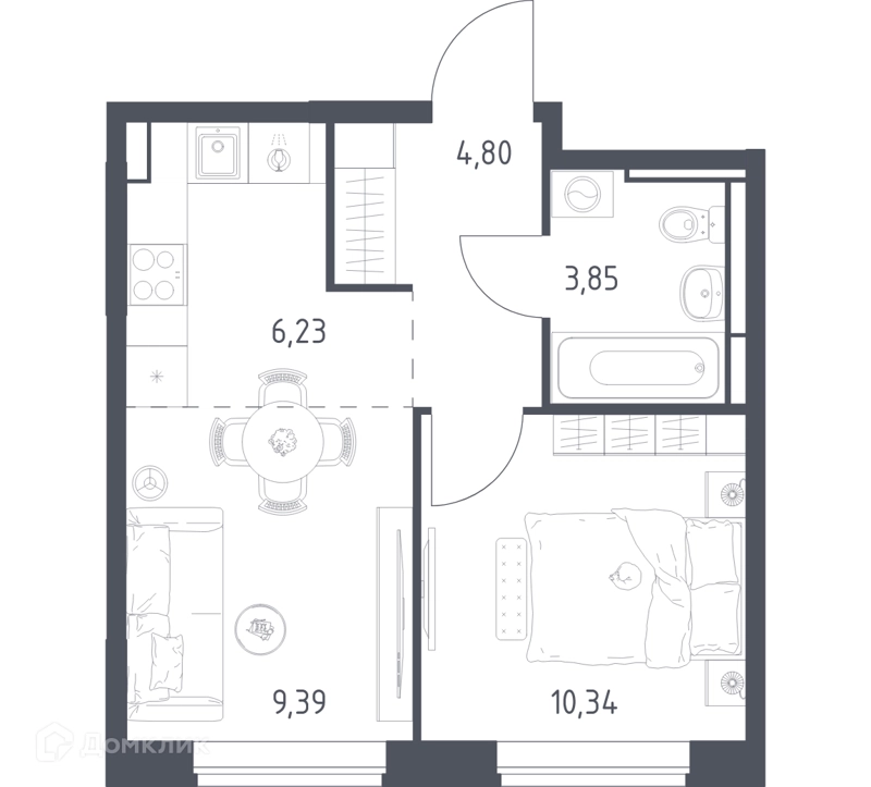 1-комнатная квартира 34.61 м² Богдановский лес