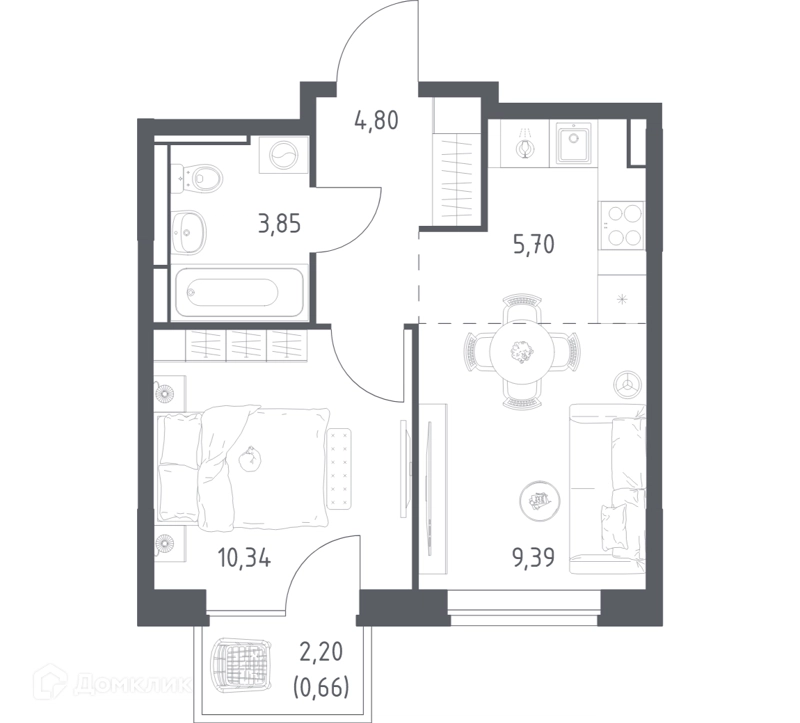 1-комнатная квартира 34.74 м² Богдановский лес
