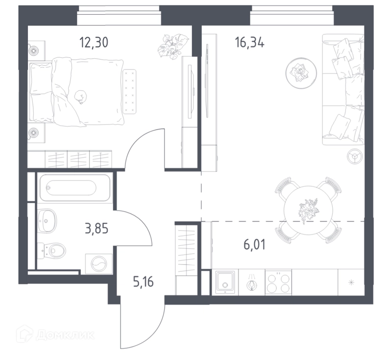 1-комнатная квартира 43.66 м² Богдановский лес