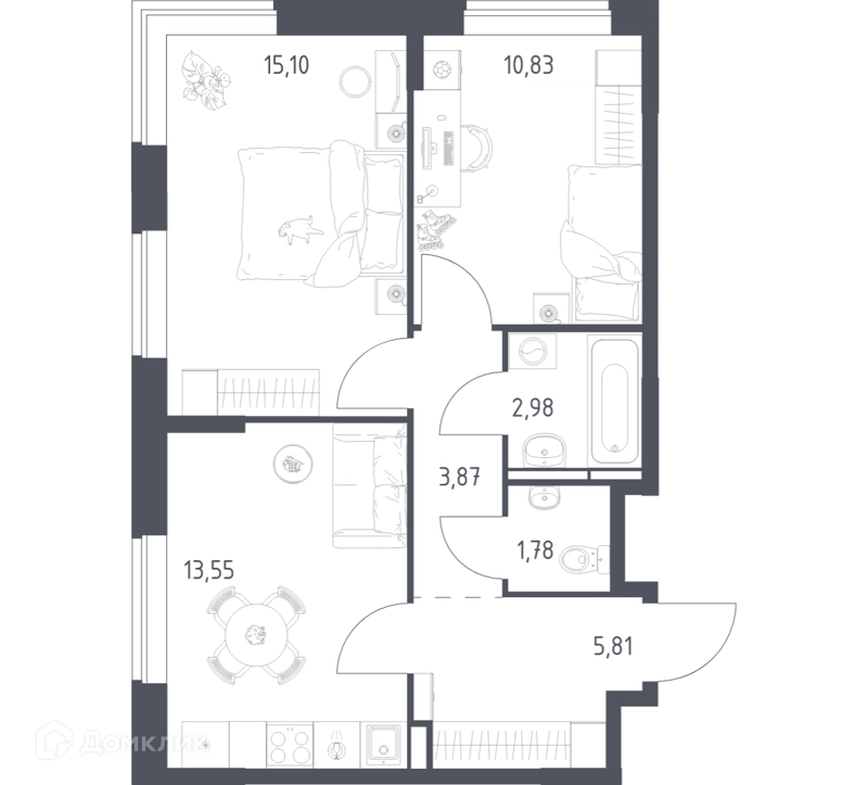 2-комнатная квартира 53.92 м² Богдановский лес
