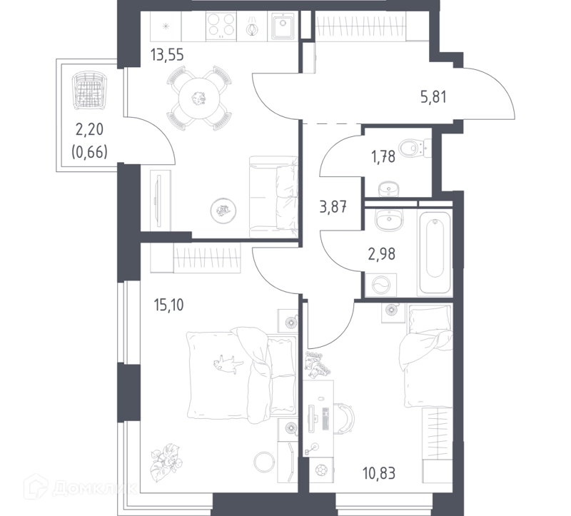 2-комнатная квартира 54.58 м² Богдановский лес