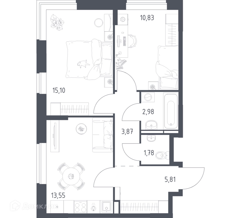 2-комнатная квартира 53.92 м² Богдановский лес