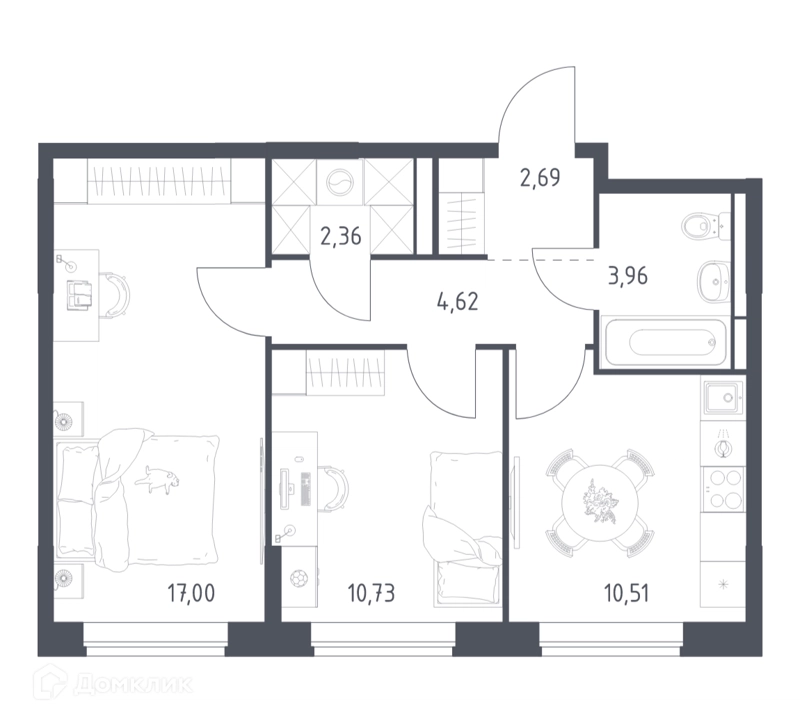 2-комнатная квартира 51.87 м² Богдановский лес
