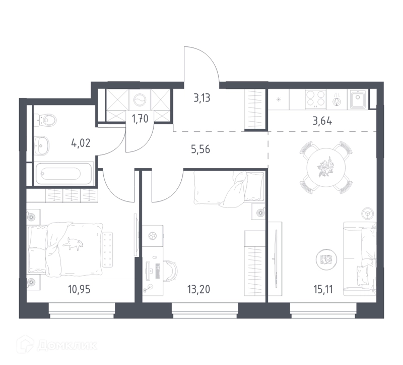 2-комнатная квартира 57.31 м² Богдановский лес