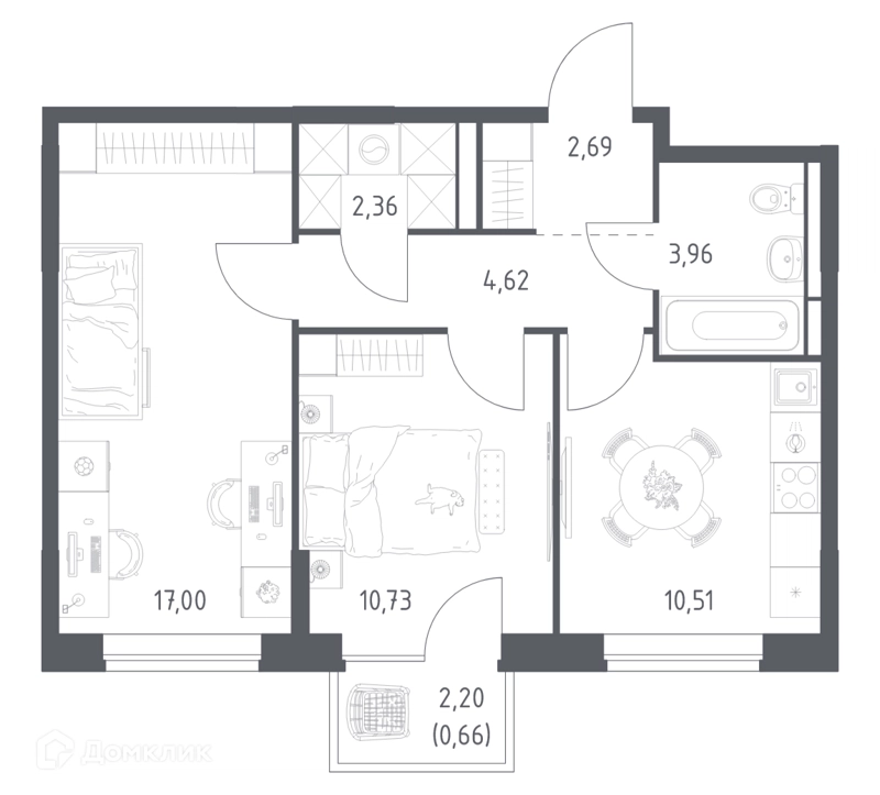 2-комнатная квартира 52.53 м² Богдановский лес