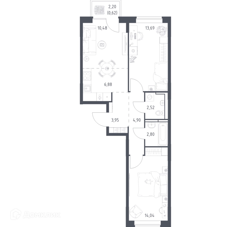 2-комнатная квартира 59.88 м² Богдановский лес