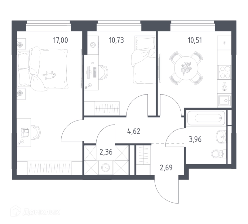 2-комнатная квартира 51.87 м² Богдановский лес