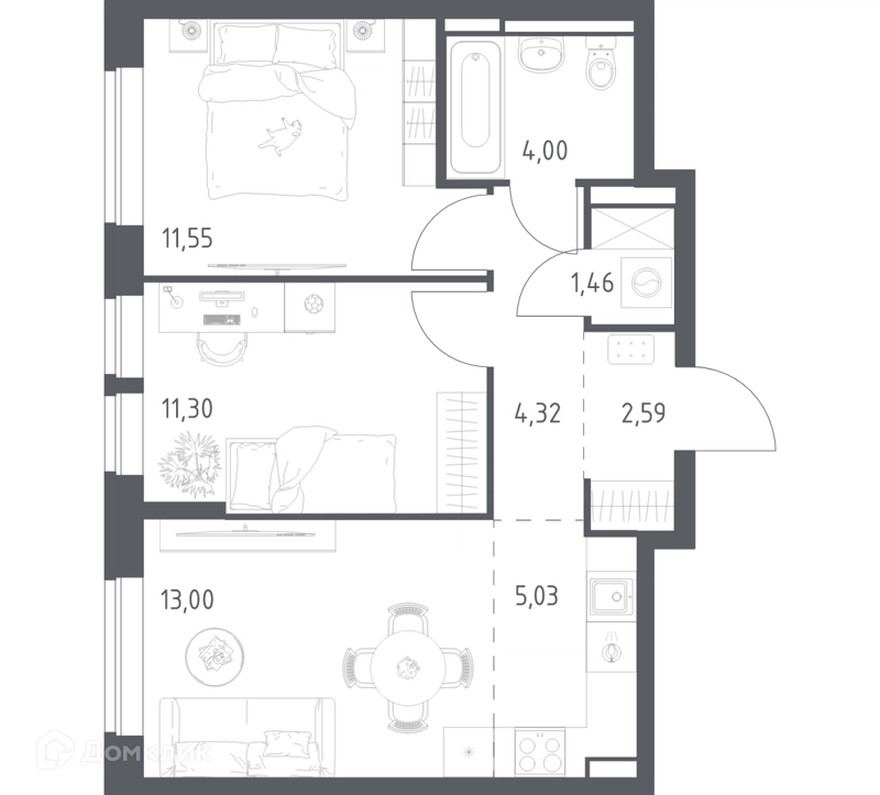 2-комнатная квартира 53.25 м² Богдановский лес