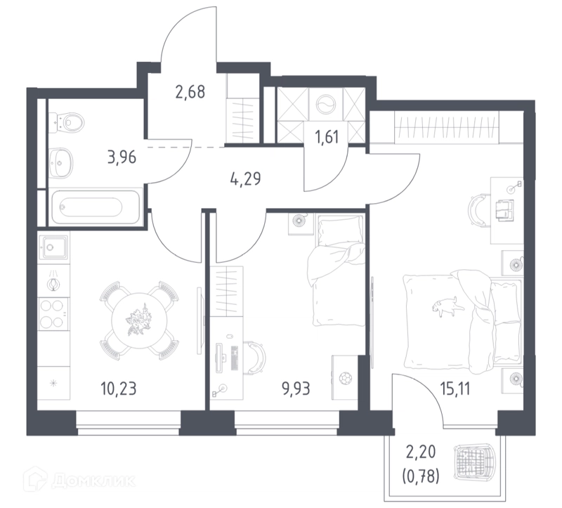 2-комнатная квартира 48.59 м² Богдановский лес