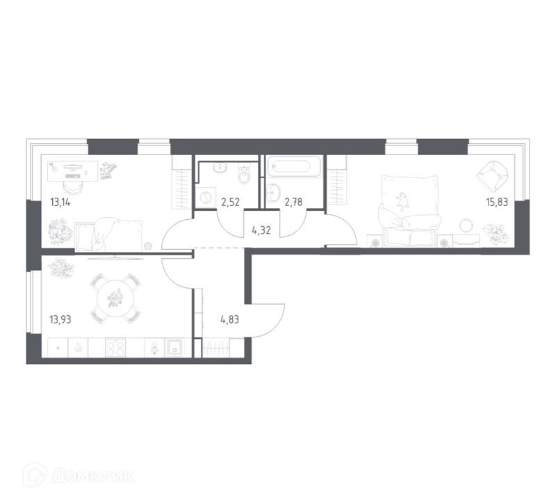 2-комнатная квартира 57.35 м² Богдановский лес