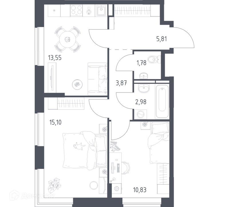 2-комнатная квартира 53.92 м² Богдановский лес