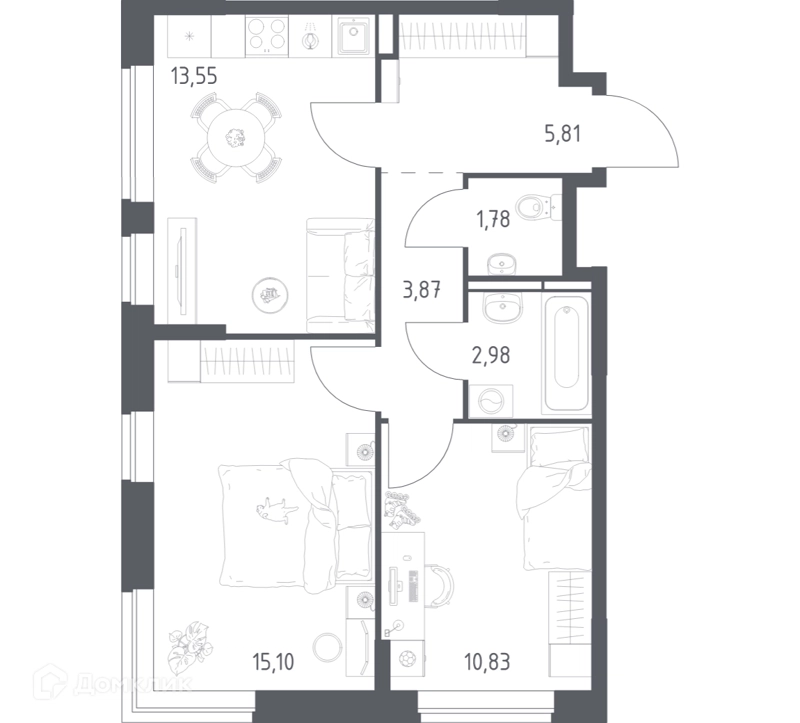2-комнатная квартира 53.92 м² Богдановский лес