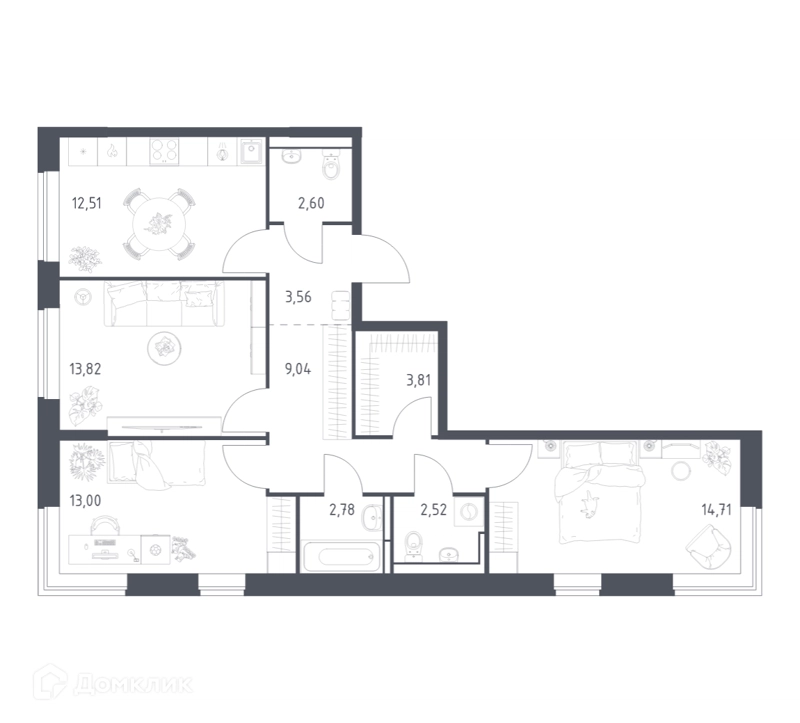 3-комнатная квартира 78.35 м² Богдановский лес