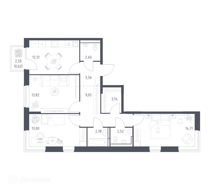 3-комнатная квартира 78.91 м² Богдановский лес