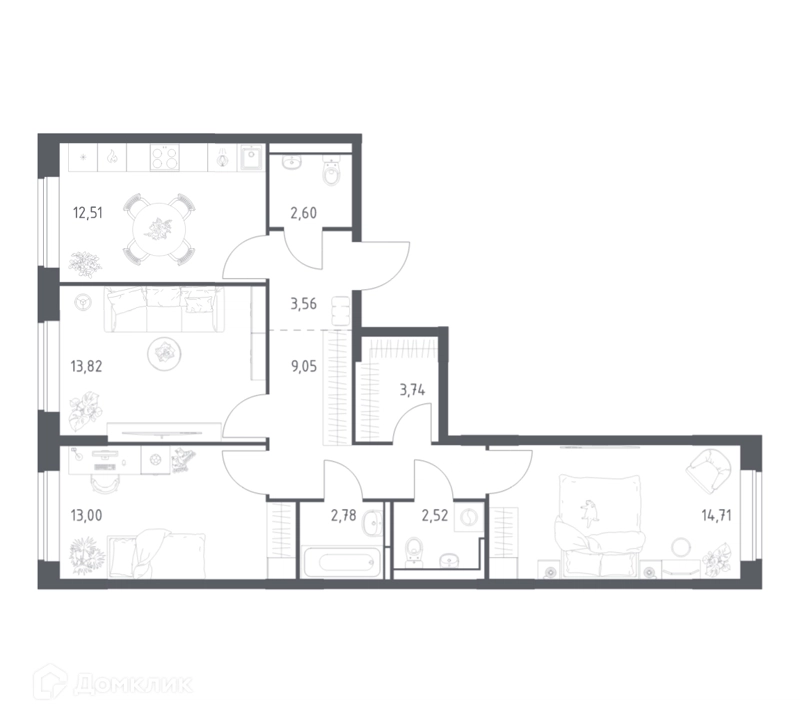 3-комнатная квартира 78.29 м² Богдановский лес