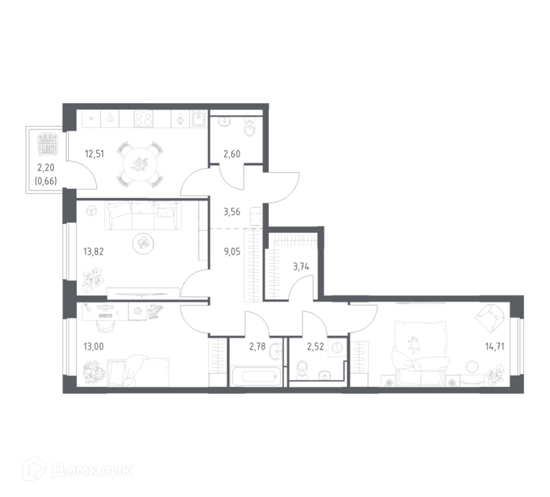 3-комнатная квартира 78.95 м² Богдановский лес