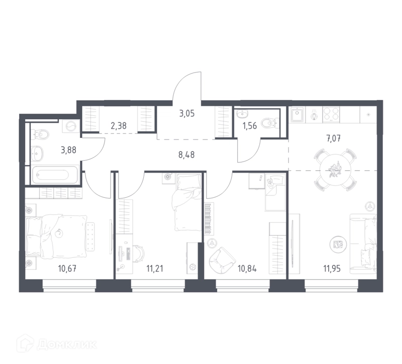 3-комнатная квартира 71.09 м² Богдановский лес