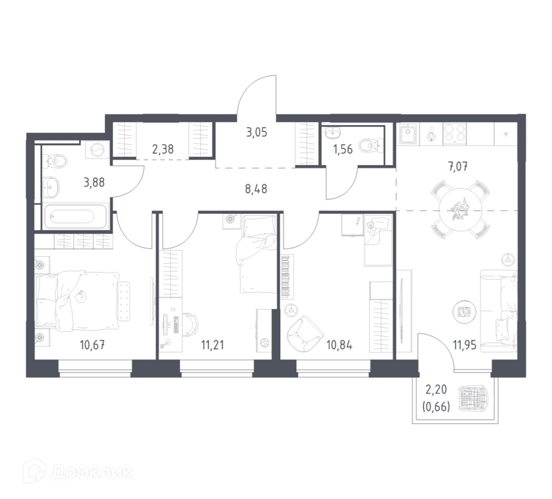 3-комнатная квартира 71.75 м² Богдановский лес