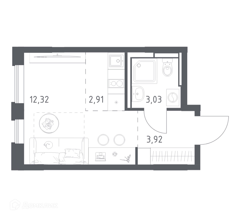 Студия 22.4 м² Прибрежный Парк