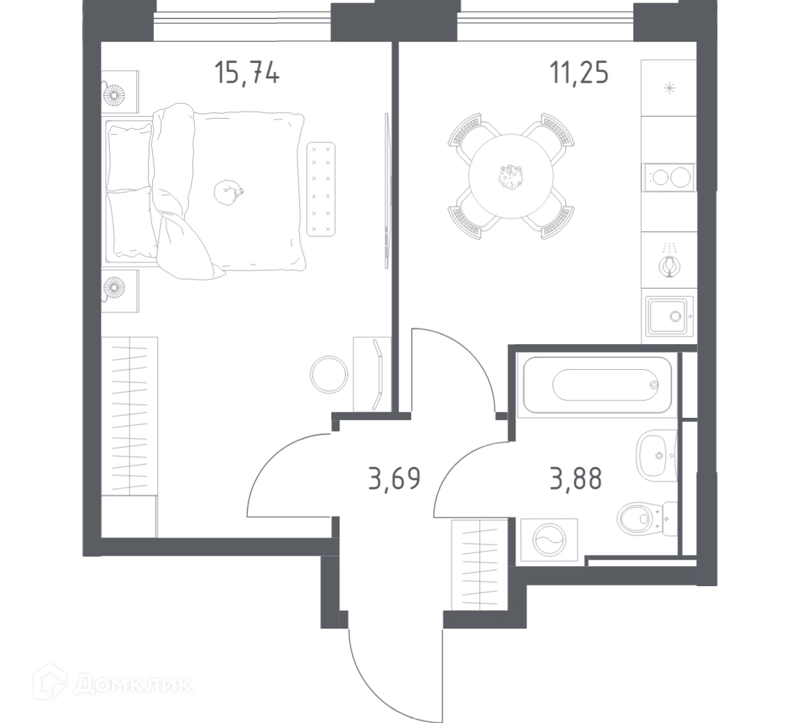 1-комнатная квартира 34 м² Прибрежный Парк