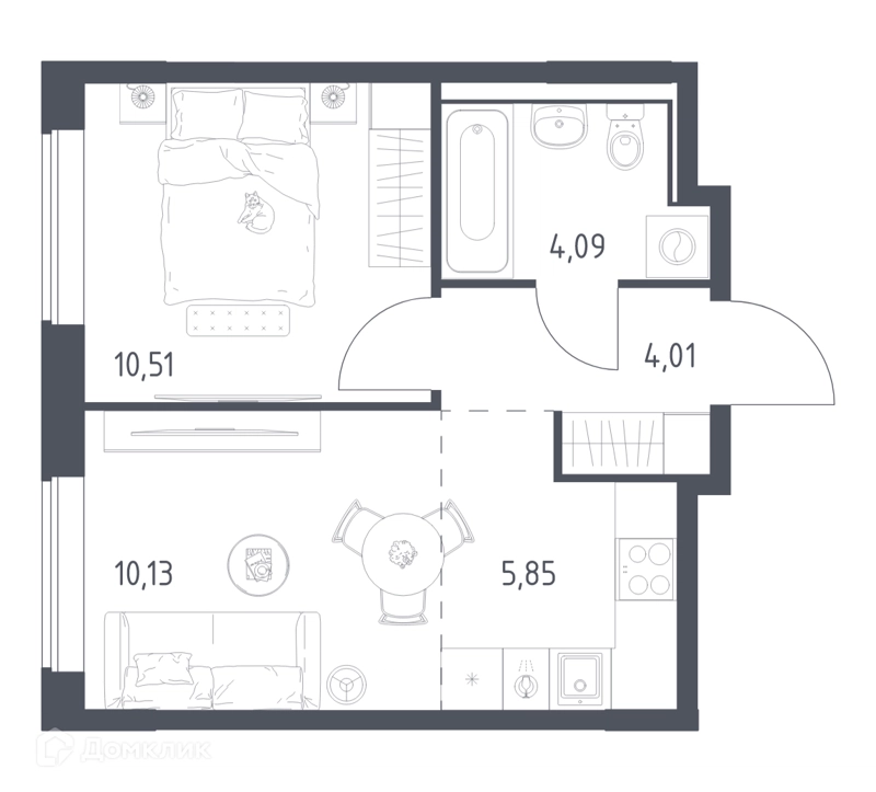 1-комнатная квартира 34.59 м² Прибрежный Парк
