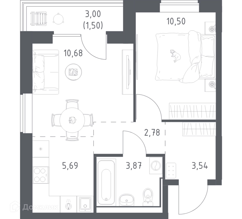 1-комнатная квартира 38.56 м² Прибрежный Парк