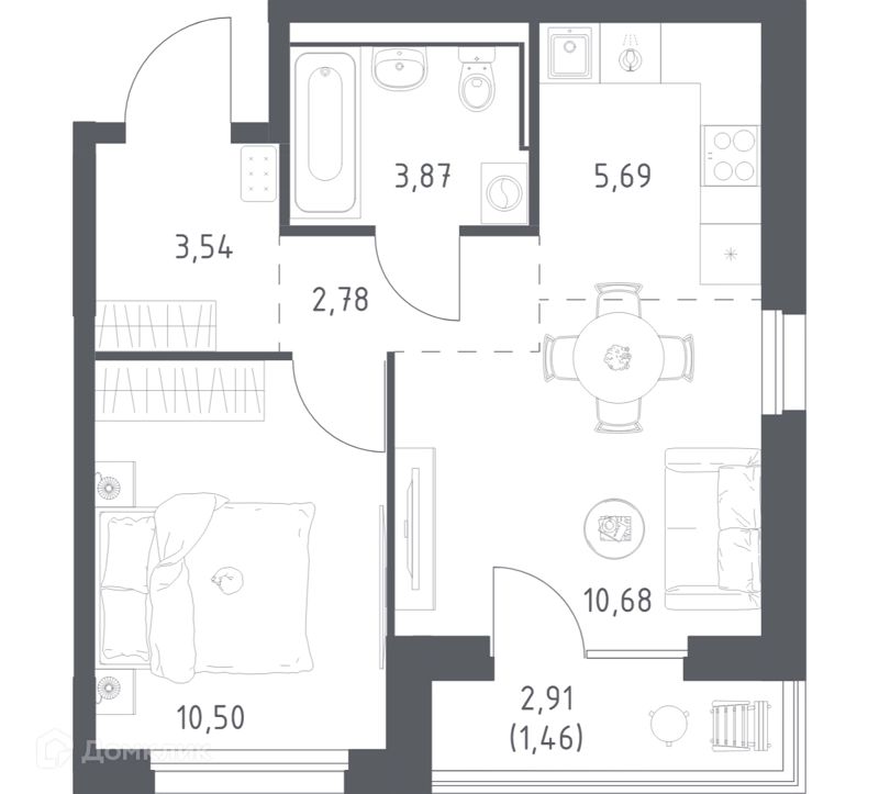 1-комнатная квартира 38.52 м² Прибрежный Парк