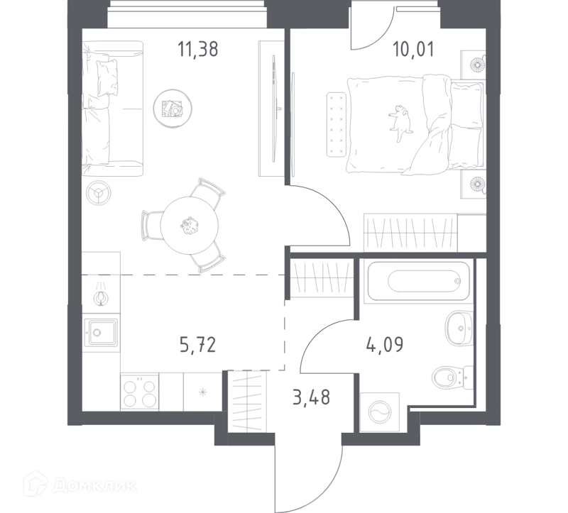 1-комнатная квартира 34.68 м² Прибрежный Парк