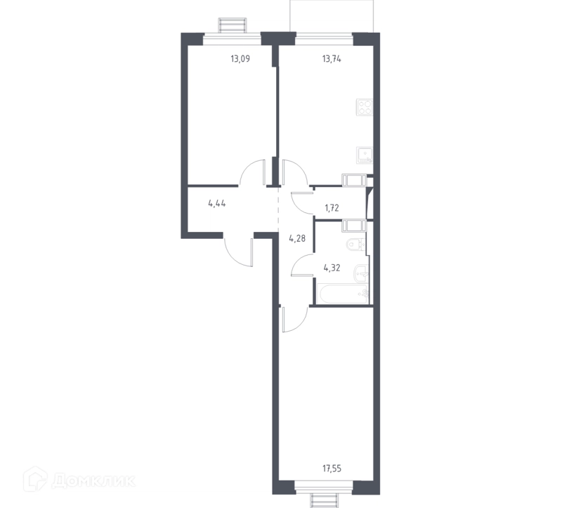 2-комнатная квартира 57.9 м² Прибрежный Парк