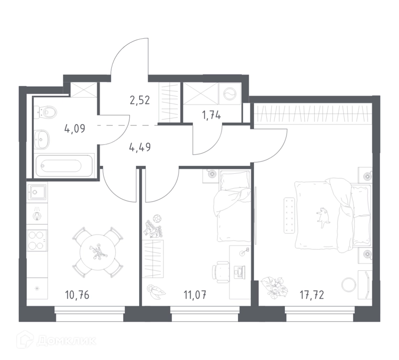 2-комнатная квартира 52.39 м² Прибрежный Парк