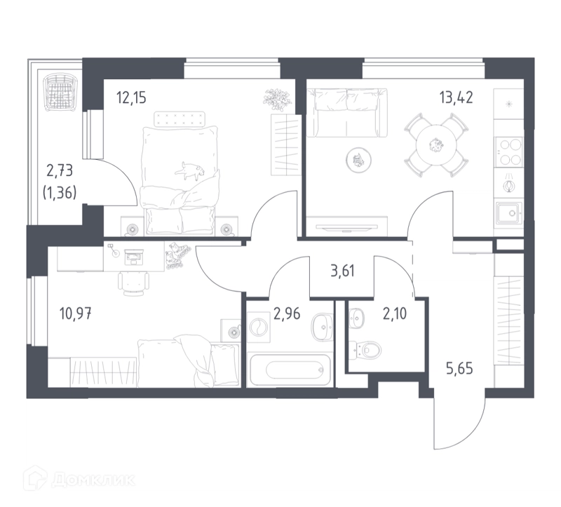 2-комнатная квартира 52.22 м² Прибрежный Парк