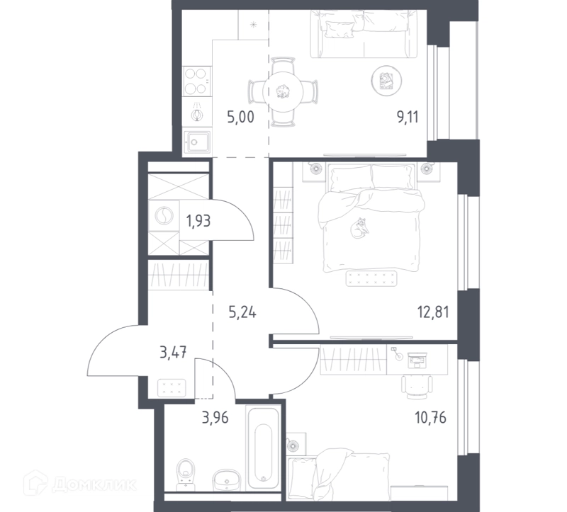 2-комнатная квартира 52.28 м² Прибрежный Парк