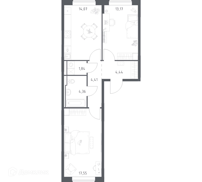 2-комнатная квартира 59.84 м² Прибрежный Парк