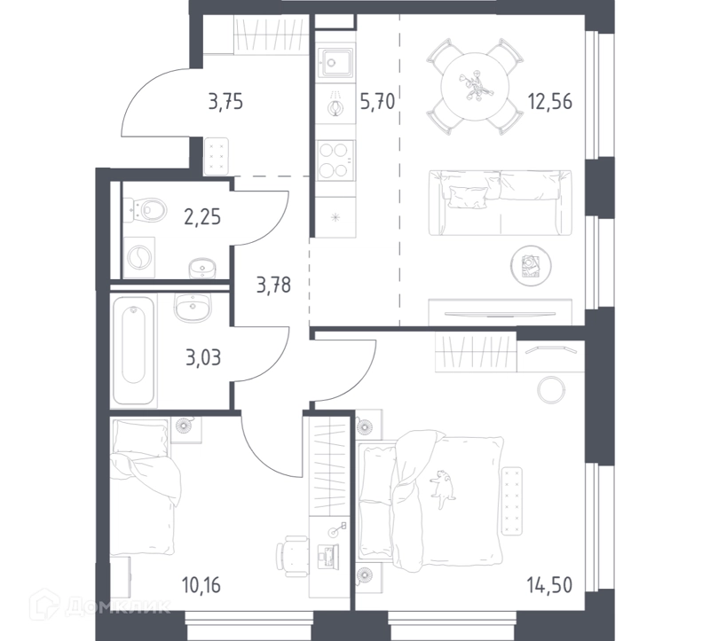 2-комнатная квартира 55.73 м² Прибрежный Парк