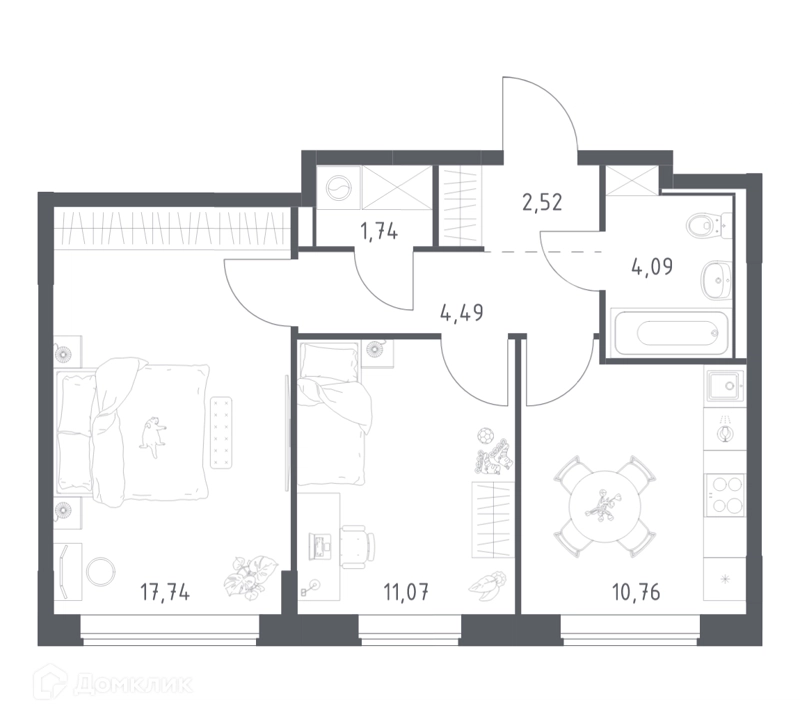 2-комнатная квартира 52.41 м² Прибрежный Парк