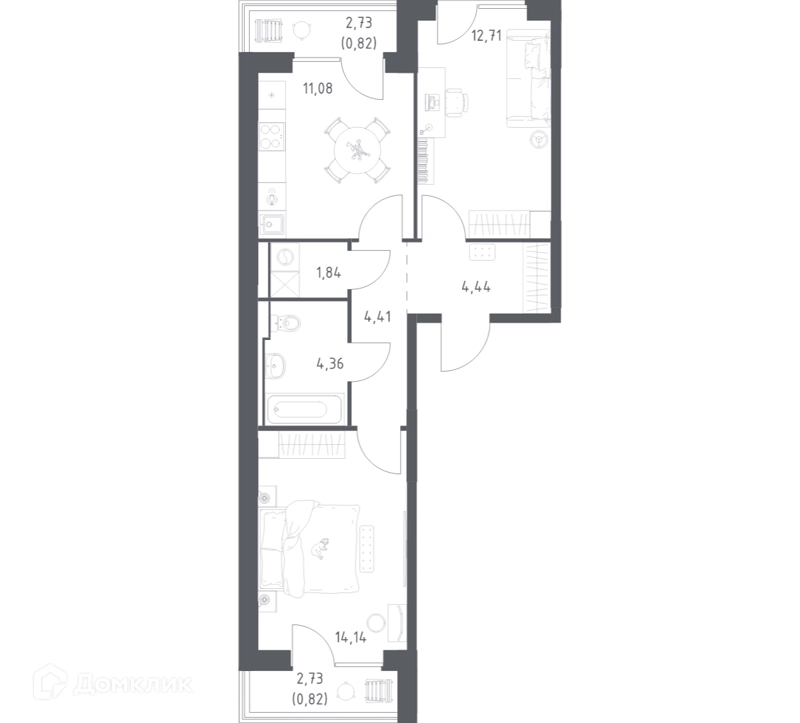 2-комнатная квартира 54.62 м² Прибрежный Парк